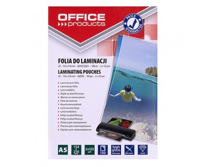Плівка для ламінування OFFICE PRODUCTS 20325235-90, А5, 125 мікрон, глянцева, 100шт