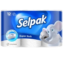 Папір туалетний целюлозний SELPAK, 3-х шаровий, по 12 рулонів, білий.